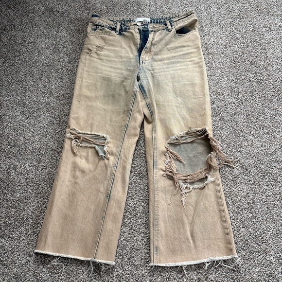 Vervet Denim - Beige Distressed Wide Leg Jeans - Women's Flare/Wide Leg